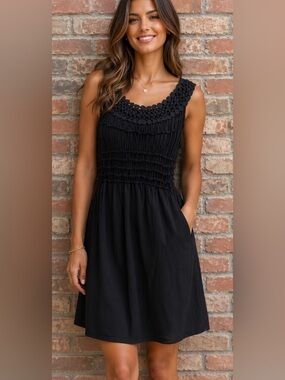 MaxMara Black Sleeveless Crochet Yoke Mini Dress